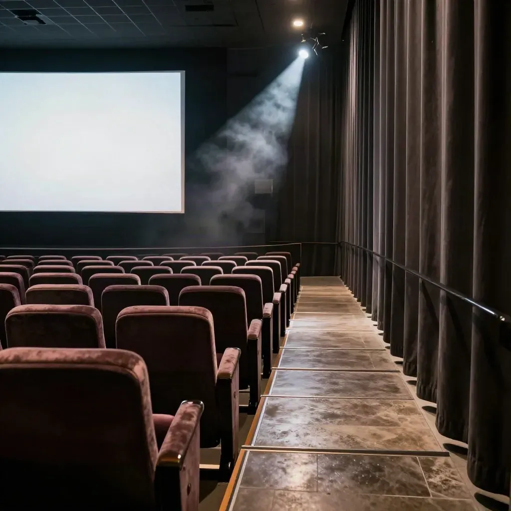 Sala de cine vacía con haz de proyector, cortinas y reflejos en el suelo.