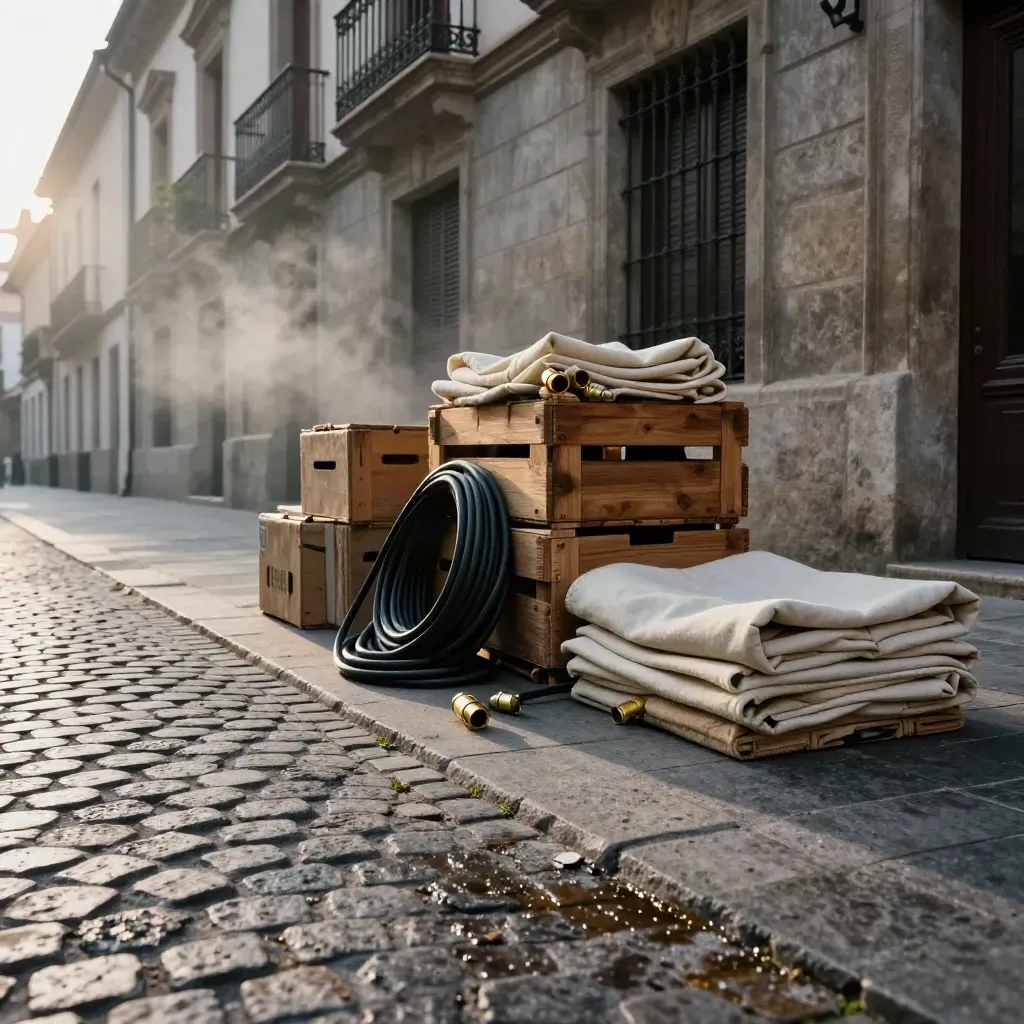 Set de rodaje en calle española con cajas, cables y fachada histórica al amanecer.