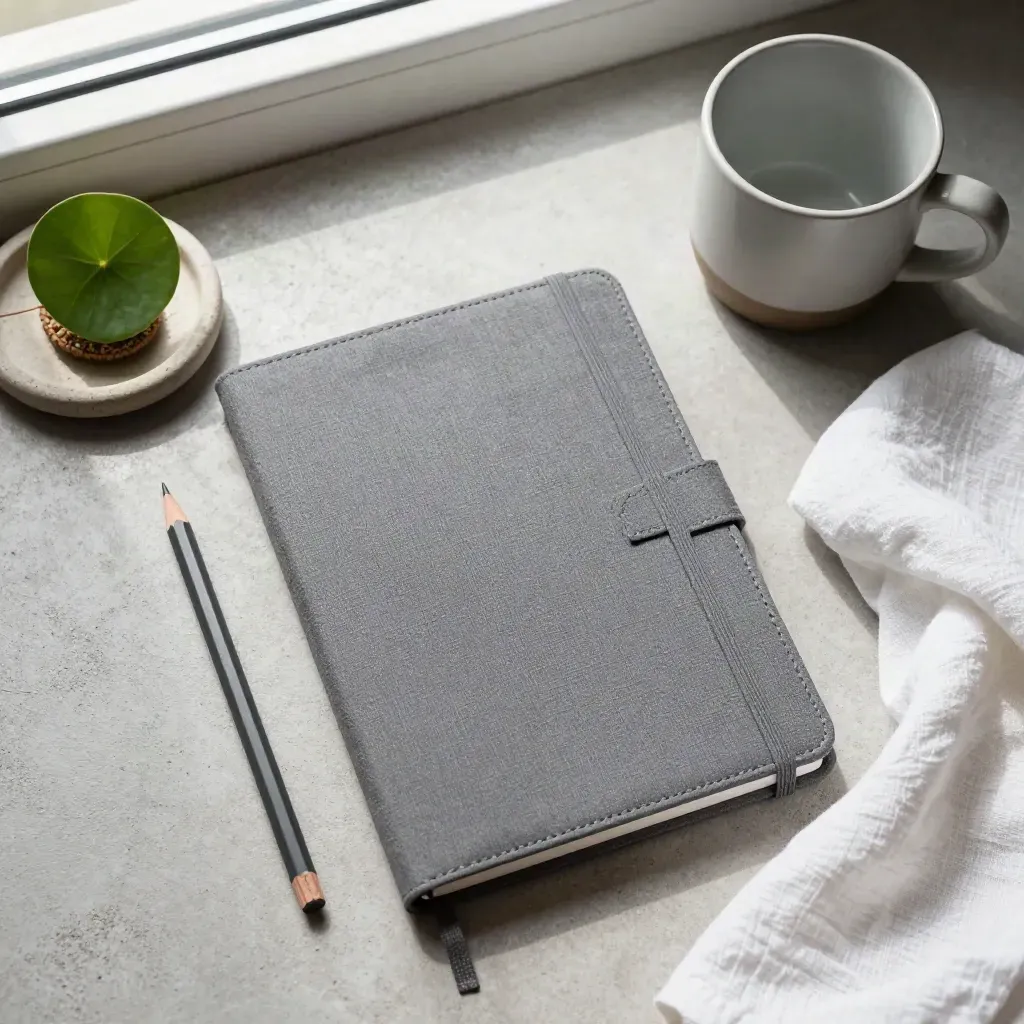Libreta gris, lápiz, taza mate y planta sobre piedra clara, vista cenital.