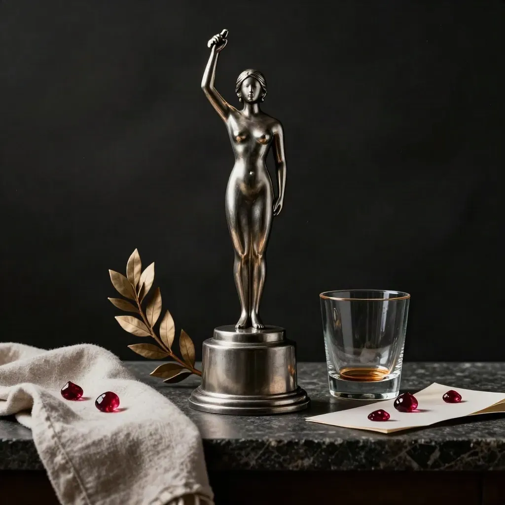 Estatuilla de premio, laurel seco, copa baja de vidrio y paño plegado sobre pedestal oscuro.