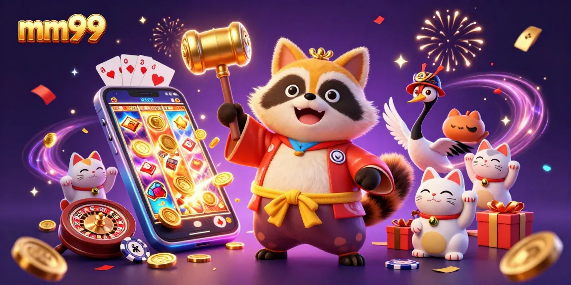 Spin the reels with mm99 as the cheerful tanuki and fortune cats join in the vibrant celebration.