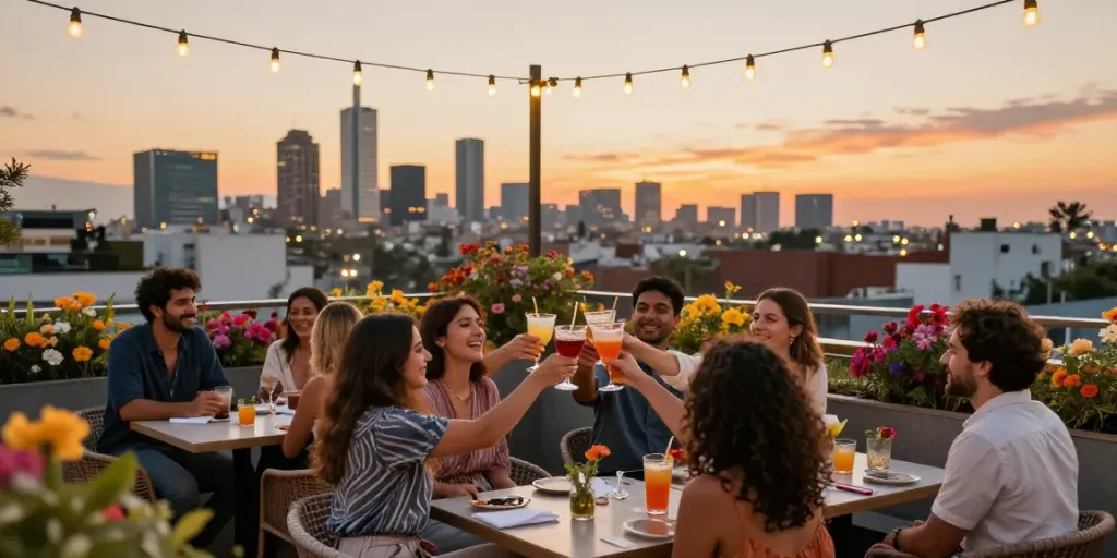 Renta de terrazas voor evenementen in CDMX, met vrienden die genieten van een feestelijke bijeenkomst.