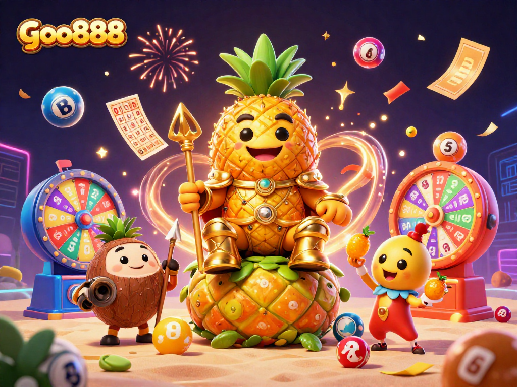 Experience excitement with goo888 as the golden pineapple king commands a vibrant casino scene.