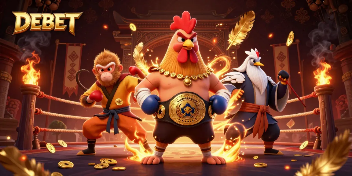Engage with thrilling DEBET experiences through Muay Thai rooster and Shaolin monkey in an exciting 3D casino scene.