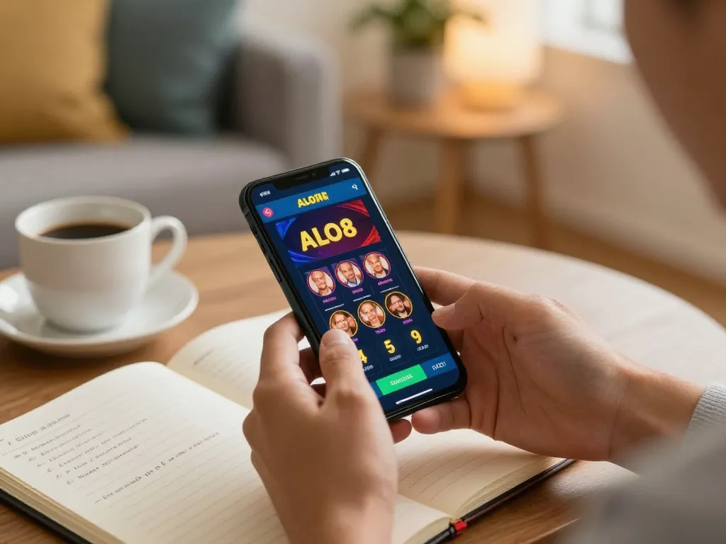 Engaging scene of online gaming as users link vào alo8 on their smartphone, showcasing strategic gambling action in a cozy setting