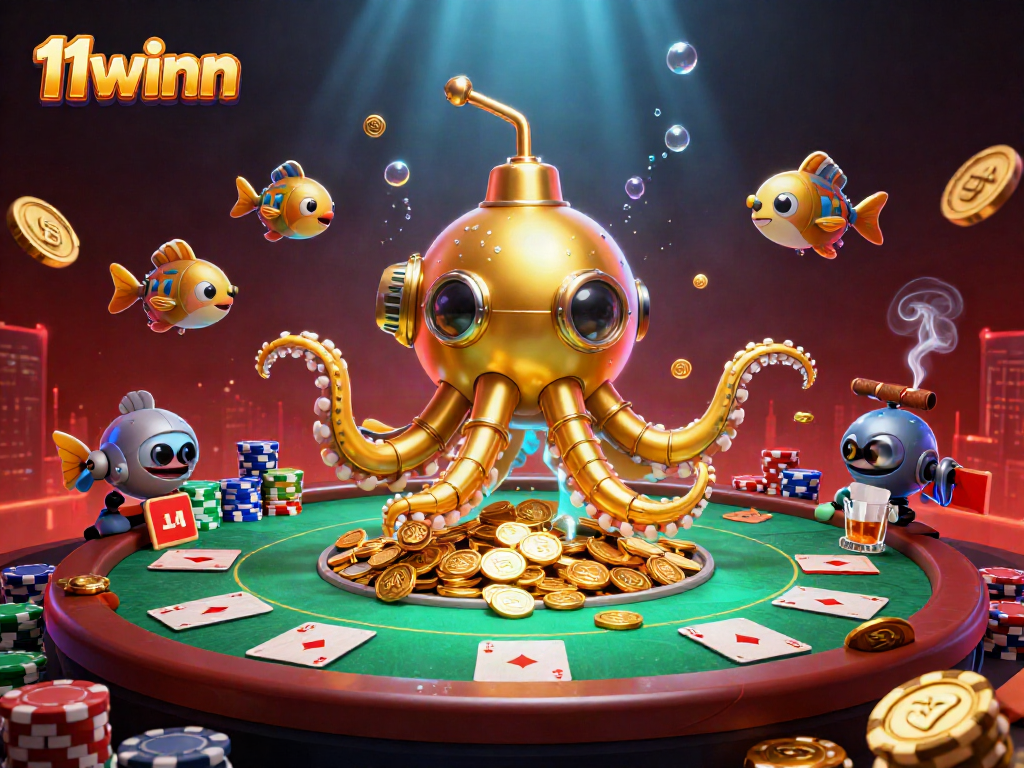 Experience seamless gambling with 11winn, featuring vibrant casino elements and a golden kraken.