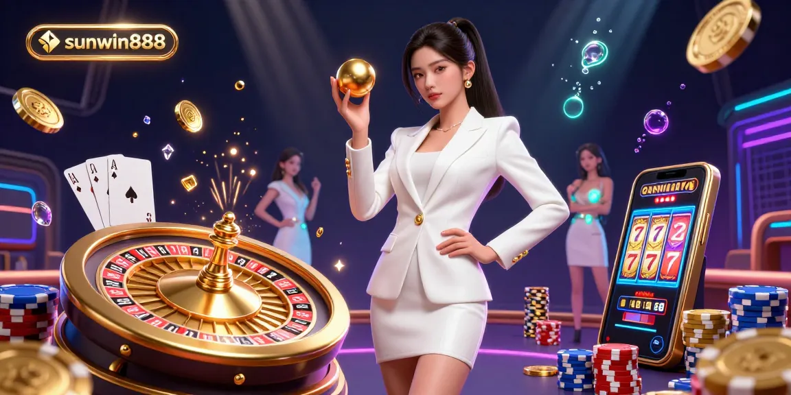 Experience thrilling excitement with sunwin888 as a confident Asian woman holds a roulette ball amidst sparkling gems and casino elements.