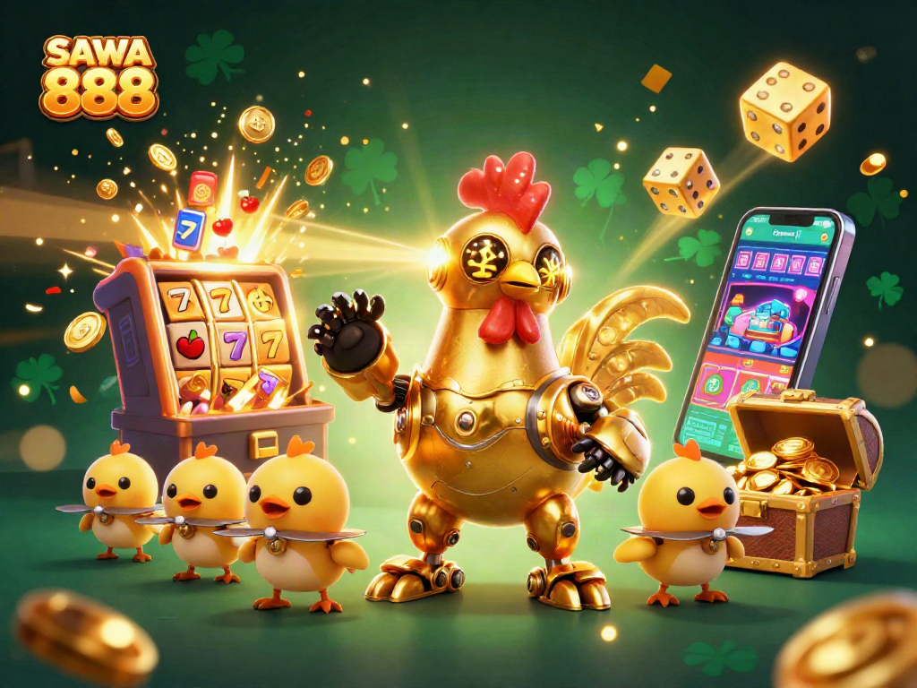 Illuminate your gameplay with SAWA 888 as cartoon rooster robot battles in a vibrant casino world.