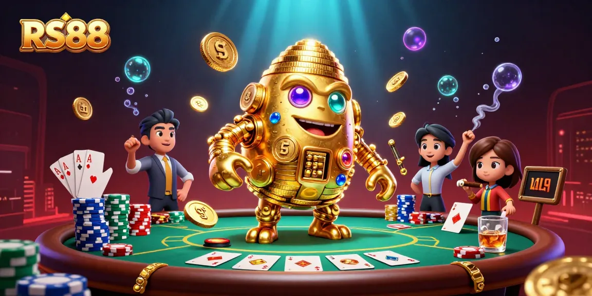 Immerse yourself in RS88 gaming with a golden golem surrounded by poker elements.