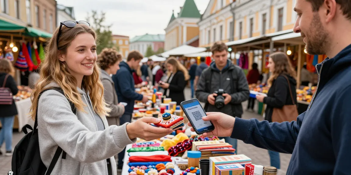 Un turista usando https://payinrussia.com/ en un mercado ruso, rodeado de productos locales y arquitectura cultural.