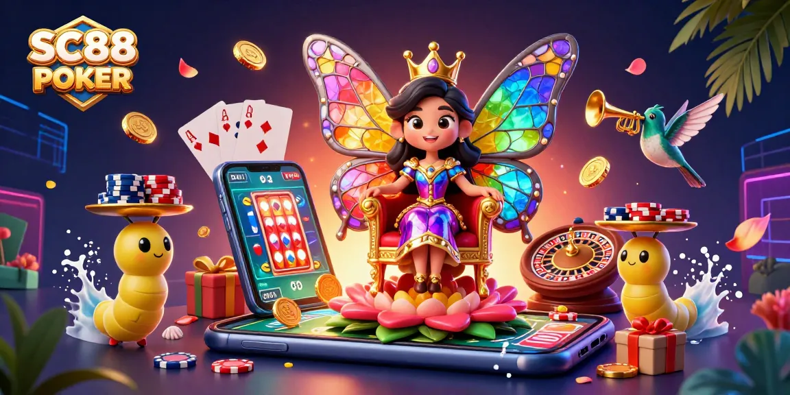 Experience exciting gaming with SC88 POKER featuring a vibrant butterfly queen in a dynamic casino setting.
