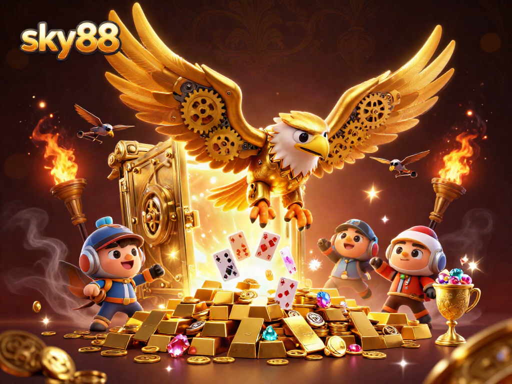 Experience the thrill of sky88 casino with a cybernetic eagle surrounded by virtual treasures.