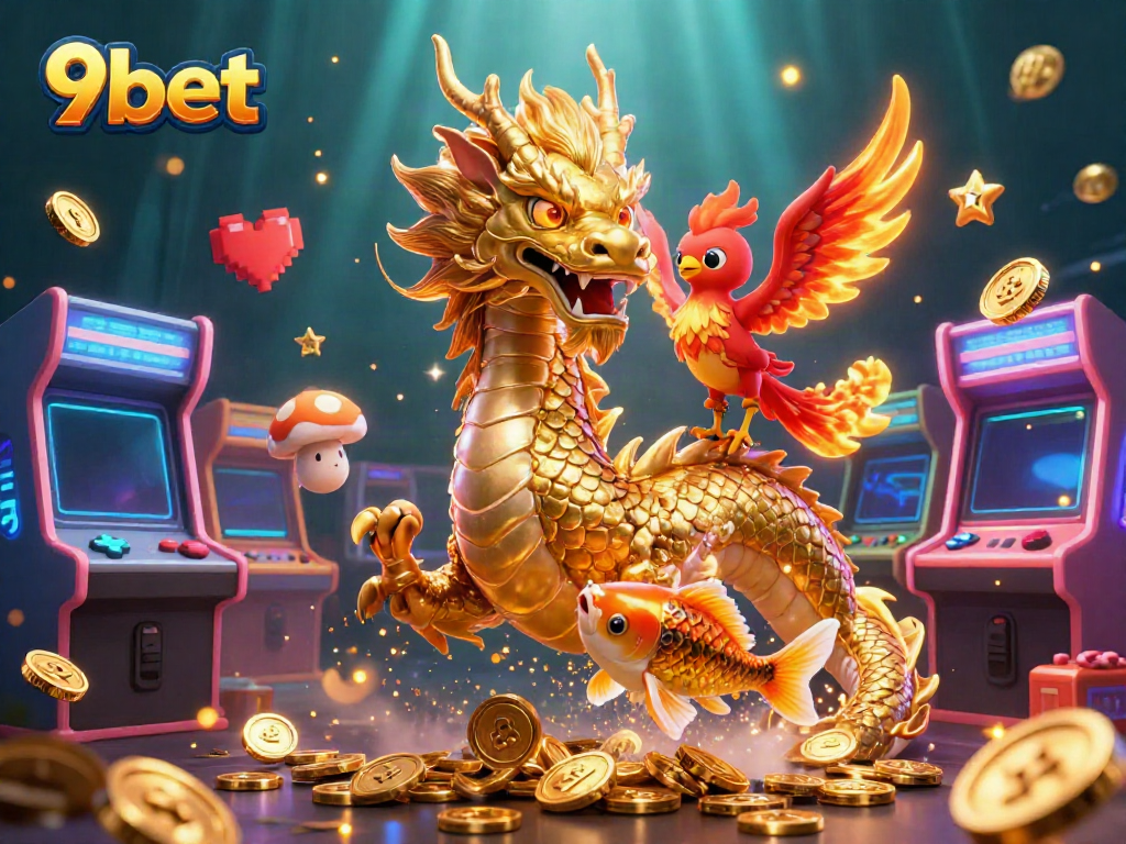 Experience thrilling gaming with 9bet's vibrant 3D illustration featuring a dragon, phoenix, and lucky koi fish.