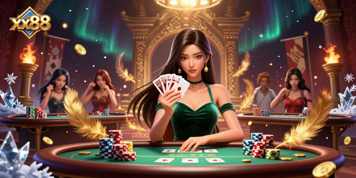 Engage with the excitement of xx88 at a vibrant poker table showcasing a stunning Asian woman surrounded by dynamic gambling elements.