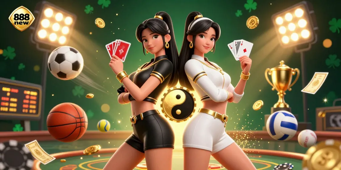 Engage with 888new's thrilling casino experience featuring stunning twin Asian women, dynamic sports elements, and golden accents.
