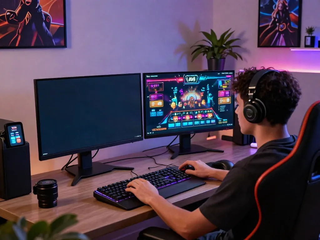Engaging gaming experience with DU88 on dual monitors highlighting colorful graphics and gaming accessories.