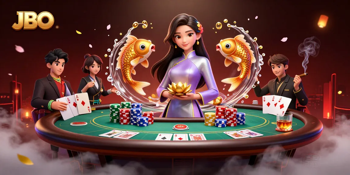 Experience excitement at JBO poker tables with vibrant chips, cards, and engaging gameplay elements.