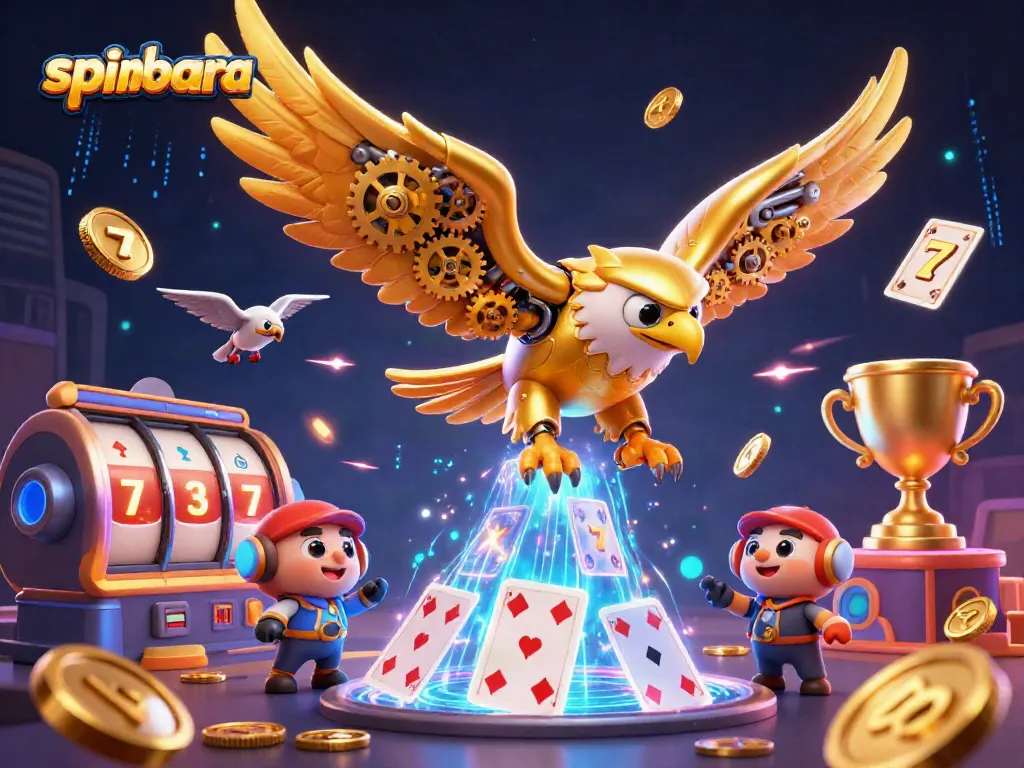 Experience the thrill of spinbara with this vibrant 3D casino scene filled with digital gaming elements.