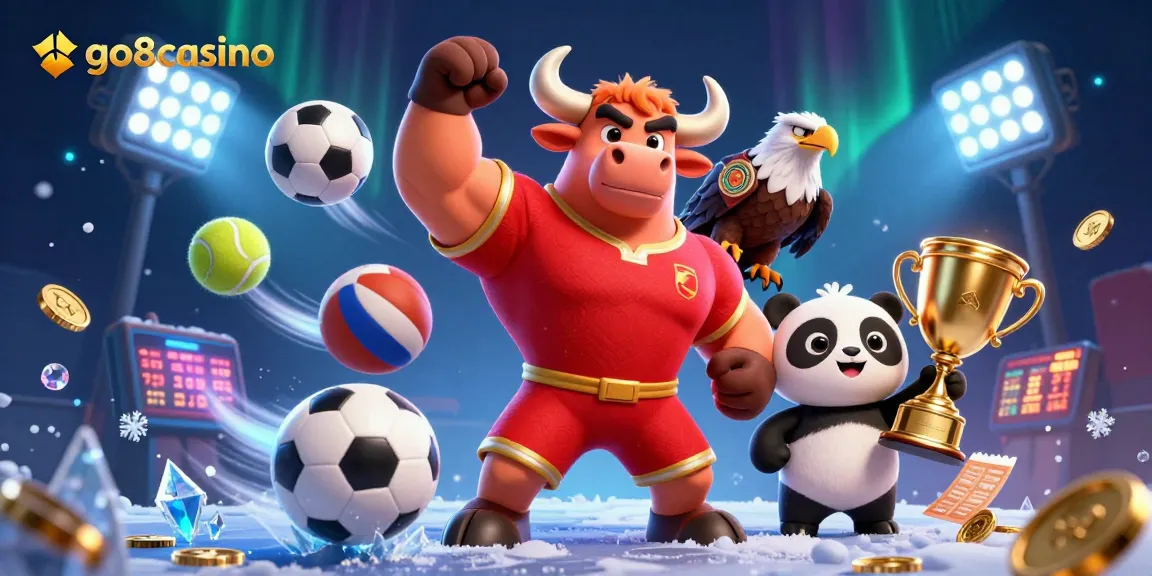 Engage with exciting action at go8casino featuring a bull, eagle, and panda in a vibrant casino scene.