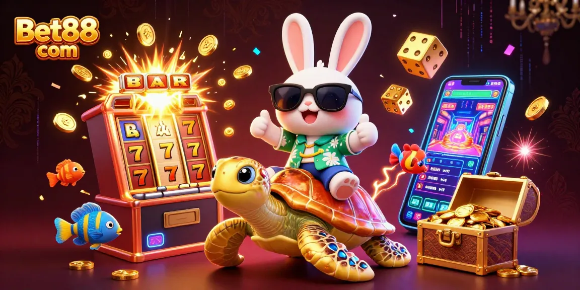 Experience the vibrant Bet88 com scene with a lucky rabbit and golden sea turtle amidst slot machines and treasures.