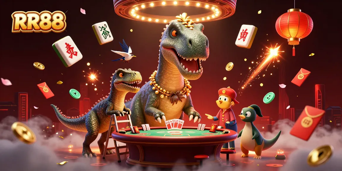 Engage in thrilling gameplay at RR88 with a whimsical dinosaur poker scene illuminated by festive elements.