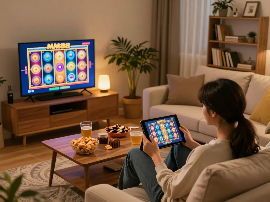 Player enjoying a fun gambling experience with MM88 slots on a cozy home setup.