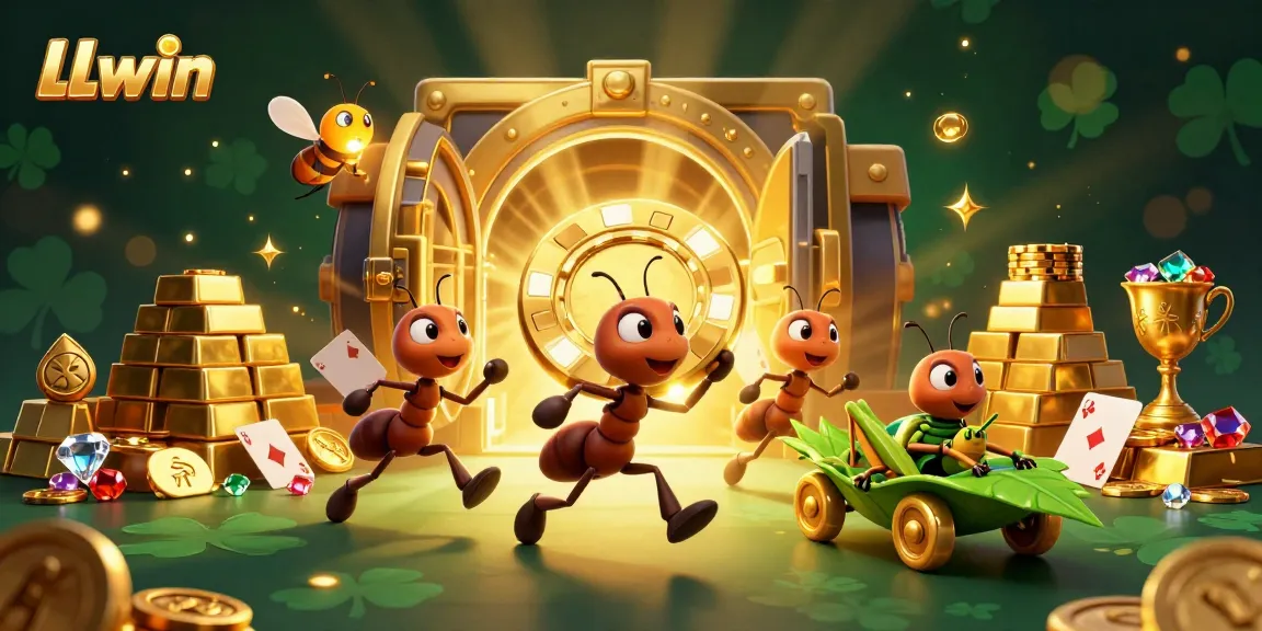 LLwin ants successfully carry a giant poker chip through a vibrant casino heist scene filled with treasures.