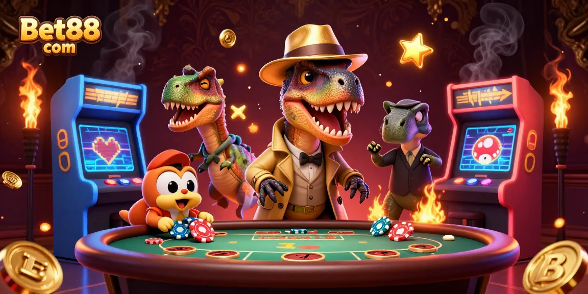 Bet88 com showcases a thrilling scene with a velociraptor gambler at a blackjack table surrounded by vibrant casino elements.