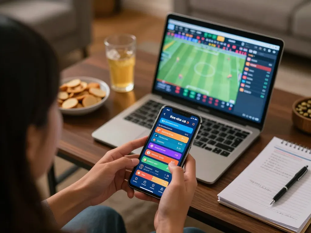 Engaging in sports betting on Keo nha cai 5 with smartphone, showing dynamic odds and live match graphics