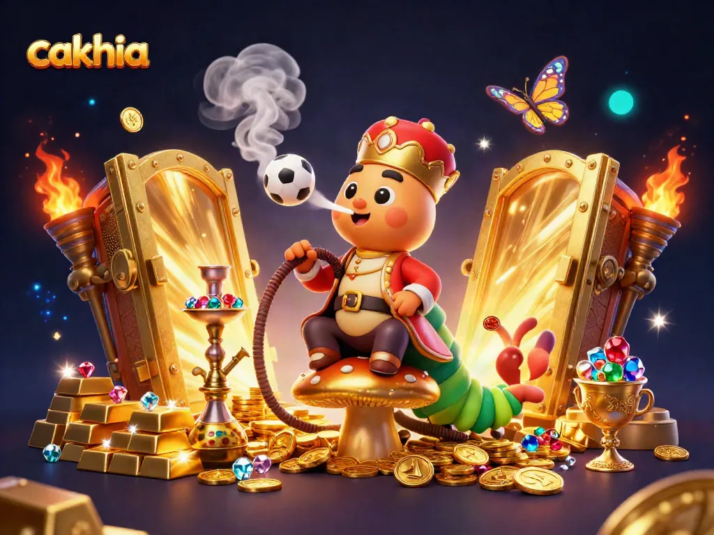 Cakhia sports betting illustration featuring a vibrant caterpillar hookah-master in a Turkish outfit, surrounded by dynamic gold accents.
