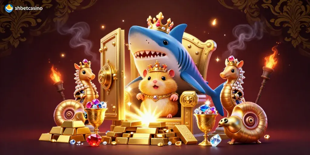 Experience thrilling adventures with shbetcasino, featuring a hamster king on a megalodon throne surrounded by treasures and jewels.
