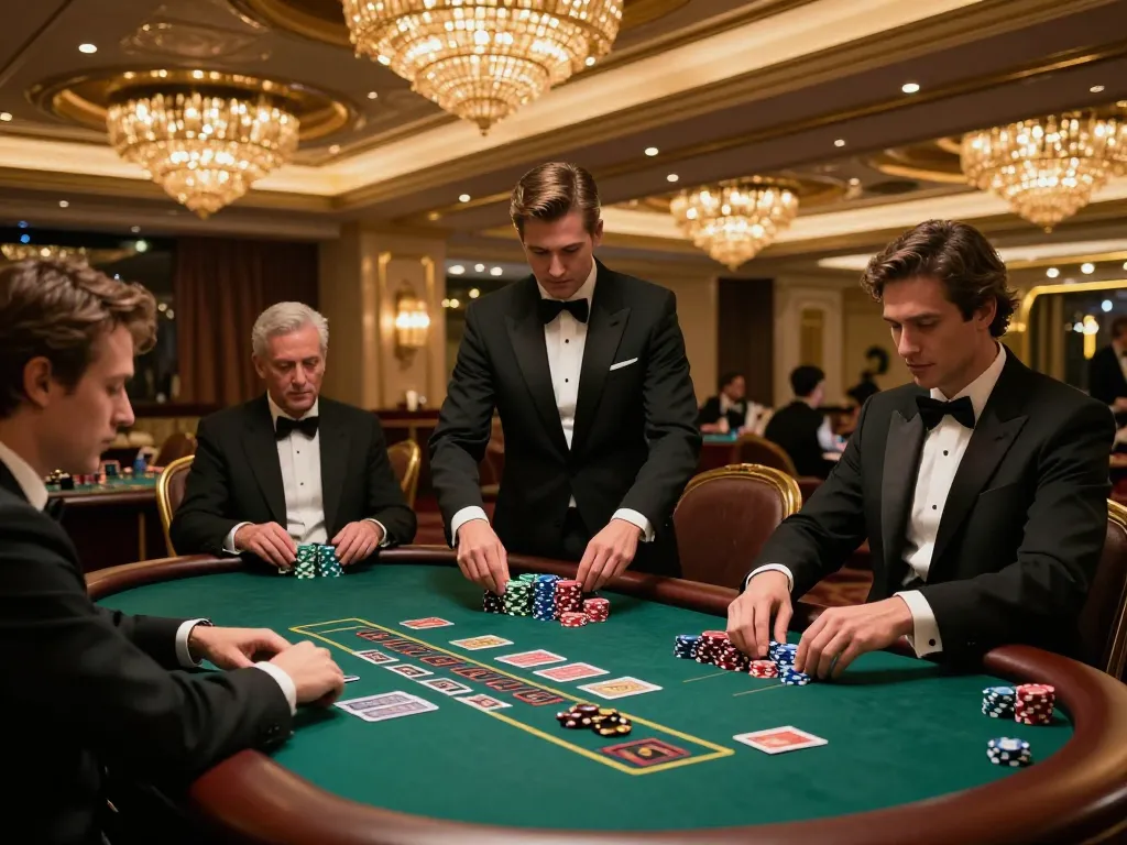 GG88 blackjack game in upscale casino with players focused and dealer shuffling cards.