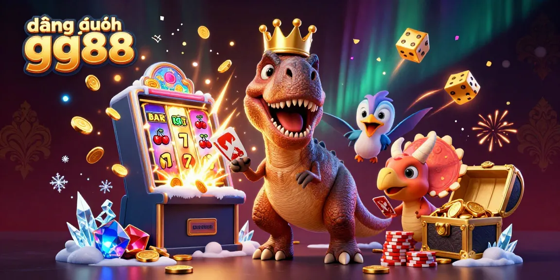 Engage with the thrill of đăng nhập gg88 as a cartoon T-Rex shuffles cards with help from friends in a vibrant casino scene.