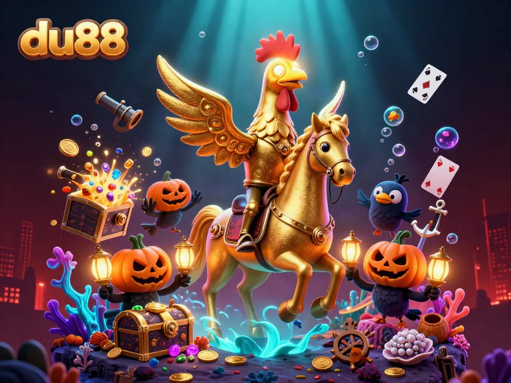 Experience the excitement of du88 with a magical gold rooster in a casino scene filled with treasures and adventure.