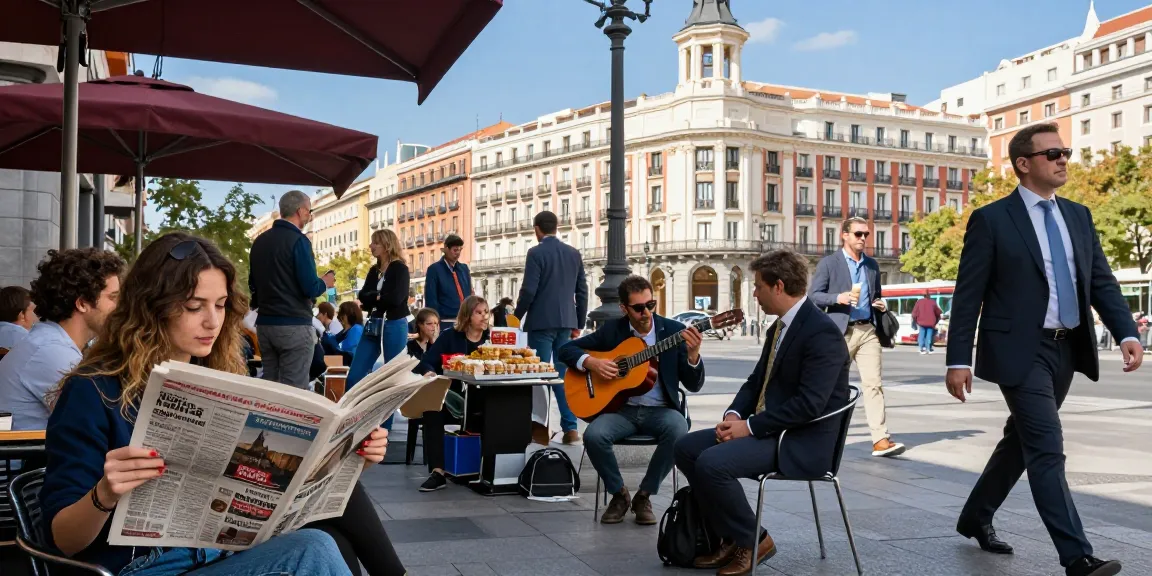 Una escena vibrante en Madrid mostrando personas disfrutando de Noticias de Madrid en un café, música en vivo y arquitectura icónica.