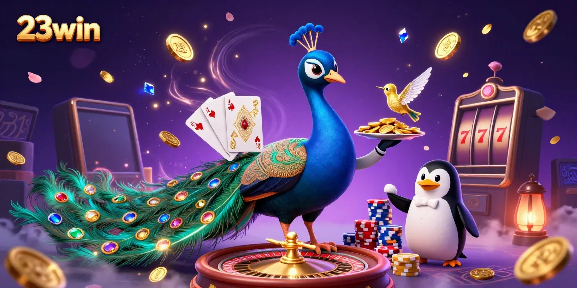 Experience thrilling gaming with 23win as peacock, penguin, and hummingbird immerse in vibrant casino ambience.