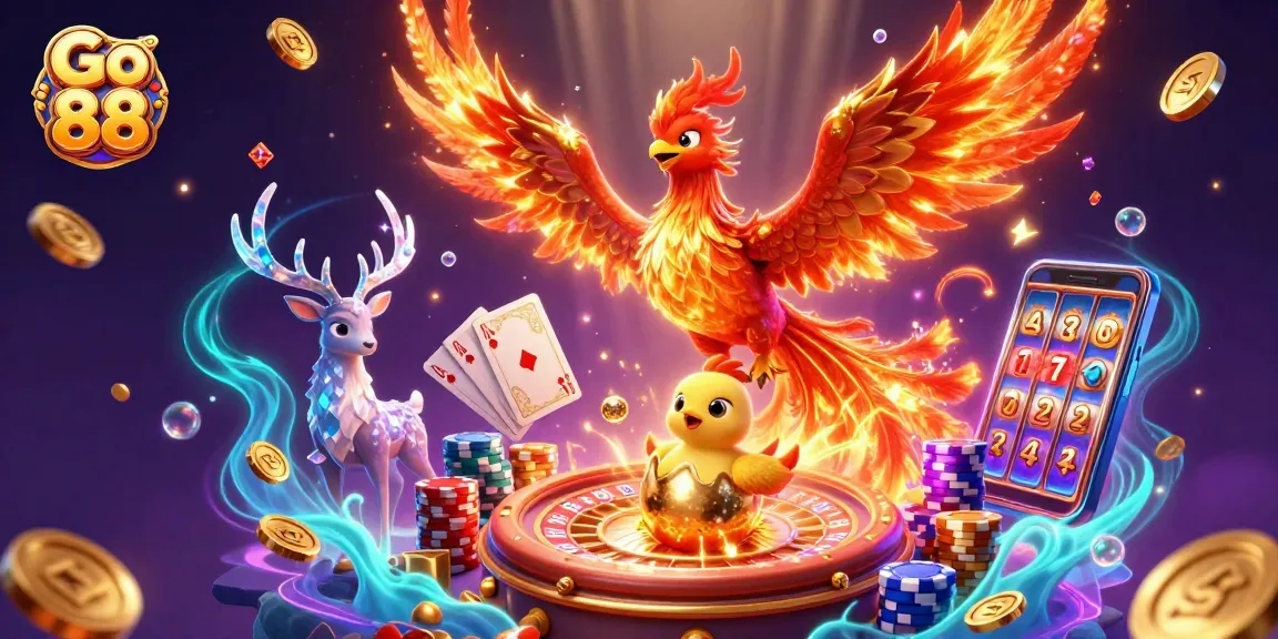 Experience the excitement of Go 88 with vibrant casino elements in a magical phoenix scene.