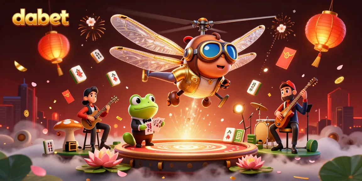Dabet showcases an animated dragonfly pilot above a lively lily pad casino, highlighting vibrant gambling elements.