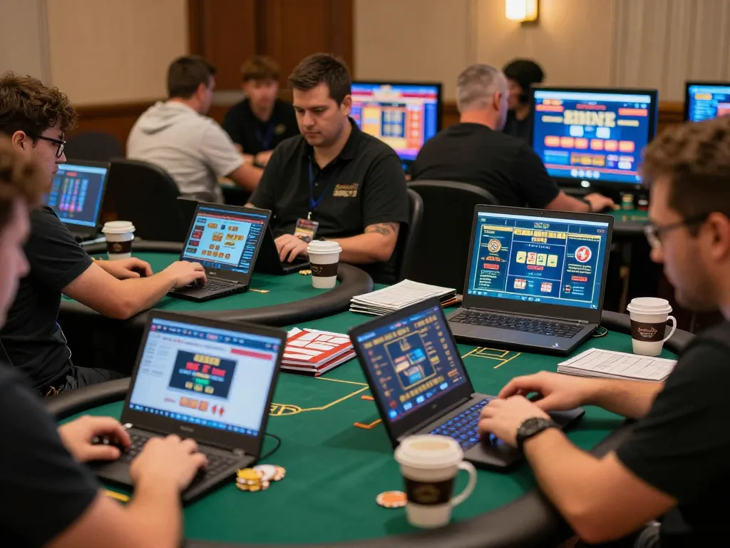 Players actively engaging with fly88 online casino interface on laptops and tablets, emphasizing strategic betting.