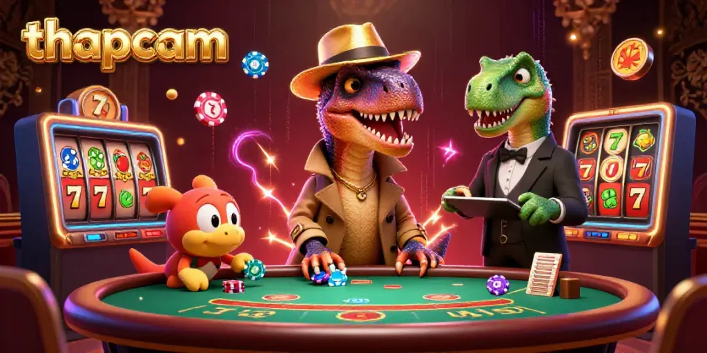 Thapcam's cartoon velociraptor trying to blackjack with a stegosaurus pit boss and chips sneaking
