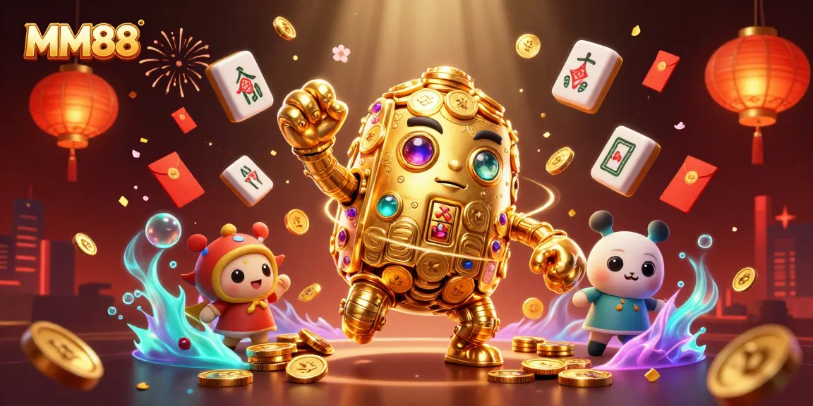 Experience excitement at MM88 with a dynamic scene featuring a gold coin golem amidst festive gambling elements.