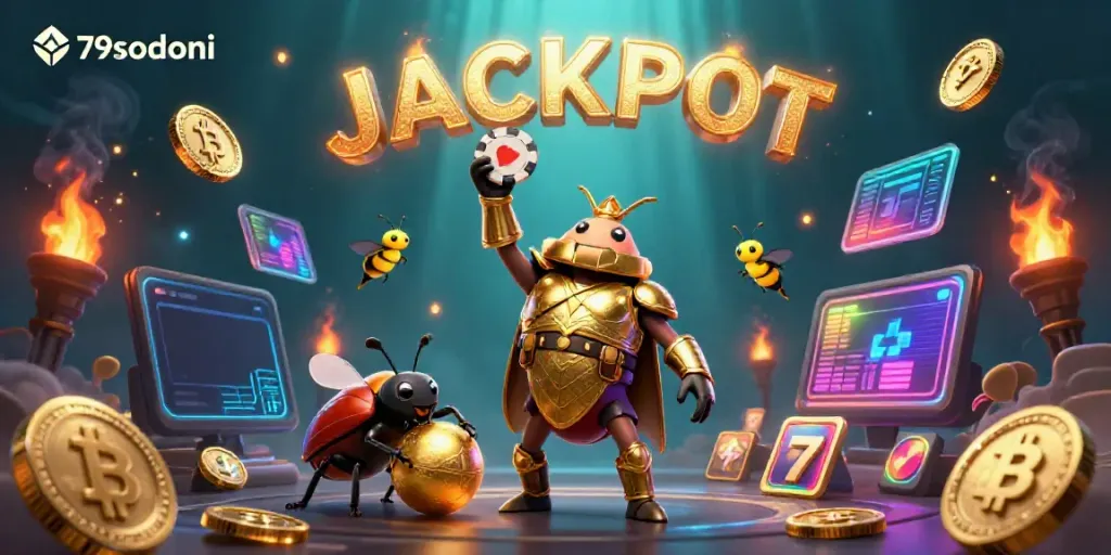 Engage with the thrilling 79sodoni jackpot scene featuring cartoon beetles and floating crypto coins.