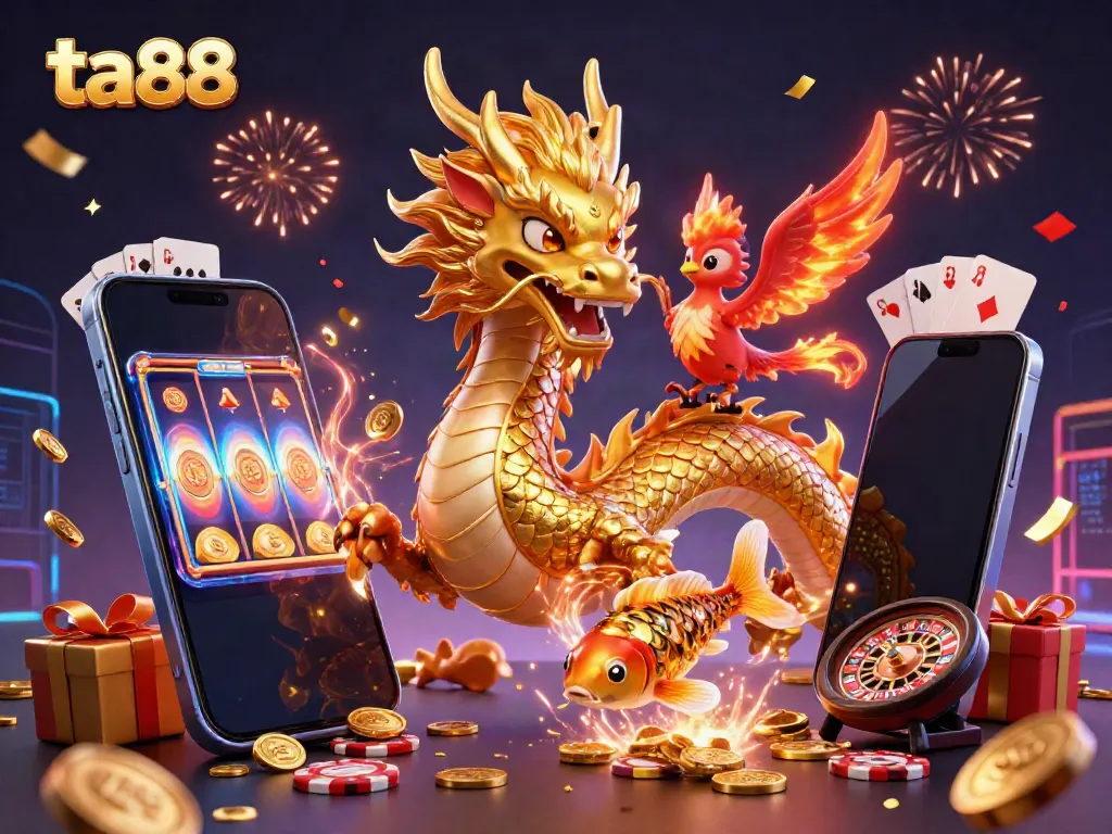 Experience the thrill of ta88 with a fierce dragon, phoenix, and koi fish surrounded by exciting gaming elements.