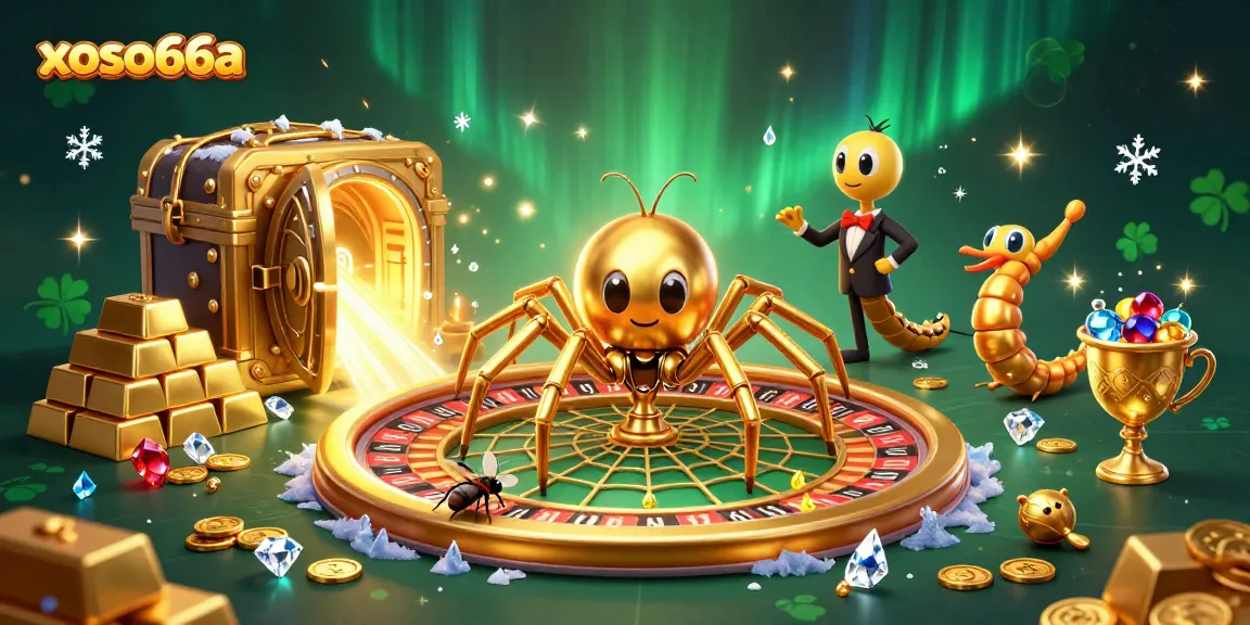 Experience the exhilarating action at xoso66a with a fly nervously placing bets beside a golden spider spinning a roulette web.