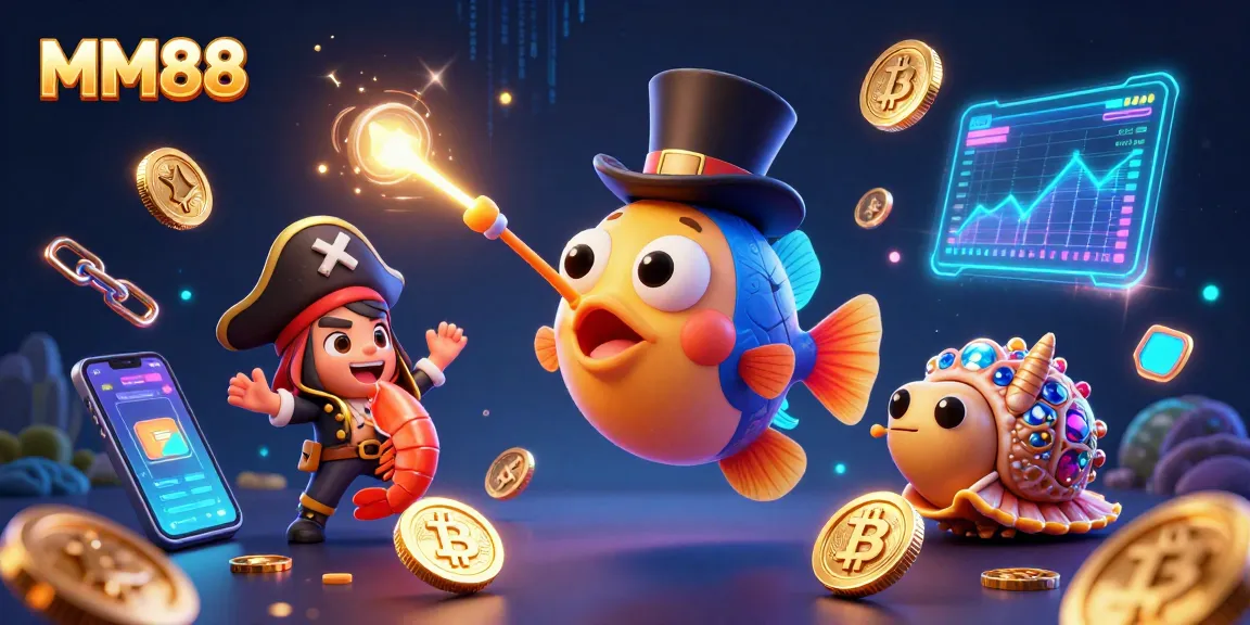 Experience thrilling wins with MM88's vibrant 3D casino illustration featuring aquatic characters and crypto elements.