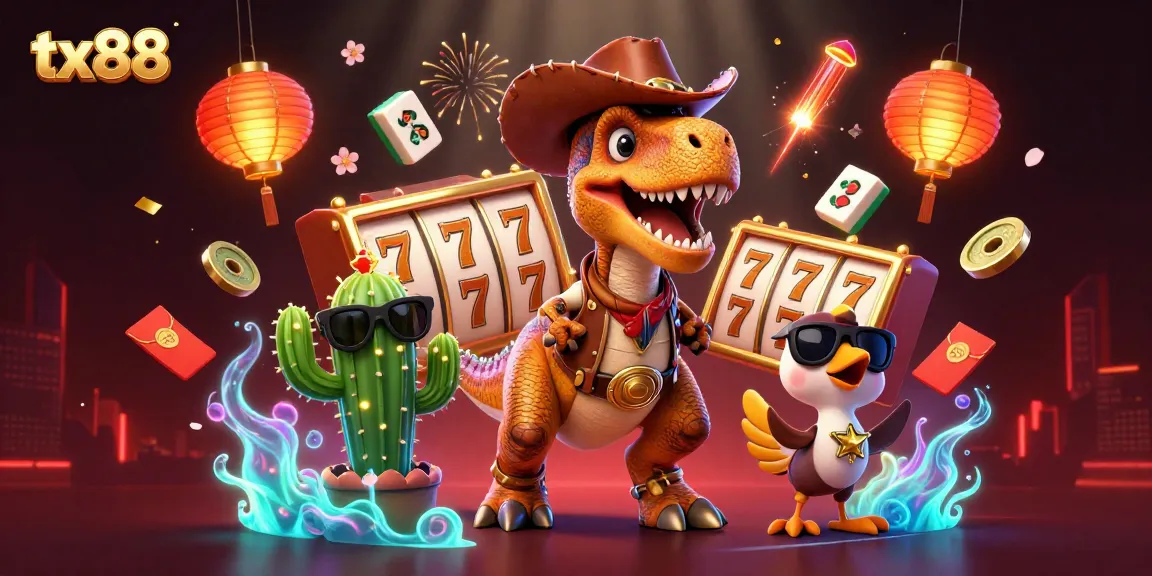 Spin to win at tx88 with a lively T-Rex, cactus, and roadrunner surrounded by dynamic casino elements.