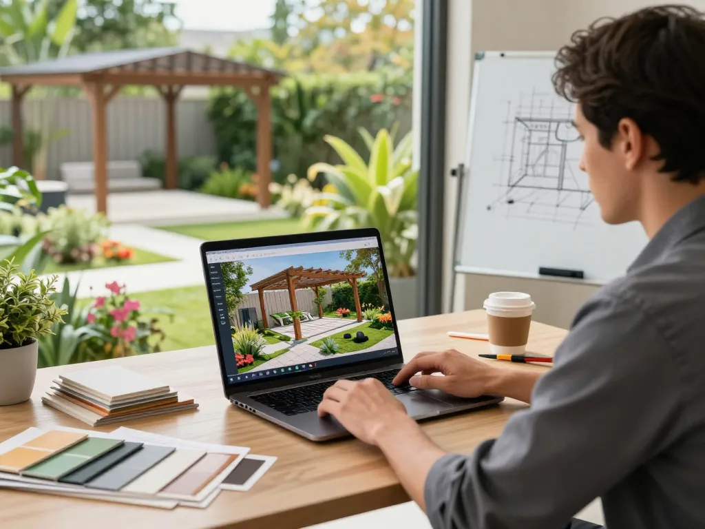 Sesión de diseño interactivo mostrando software para instaladores de verandas con un instalador profesional creando estructuras de jardín en 3D en un espacio de trabajo vibrante.
