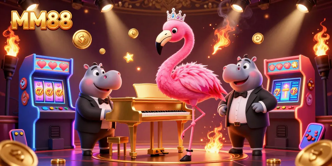 Experience MM88 with a vibrant casino scene featuring a singing flamingo and a tuxedo hippo