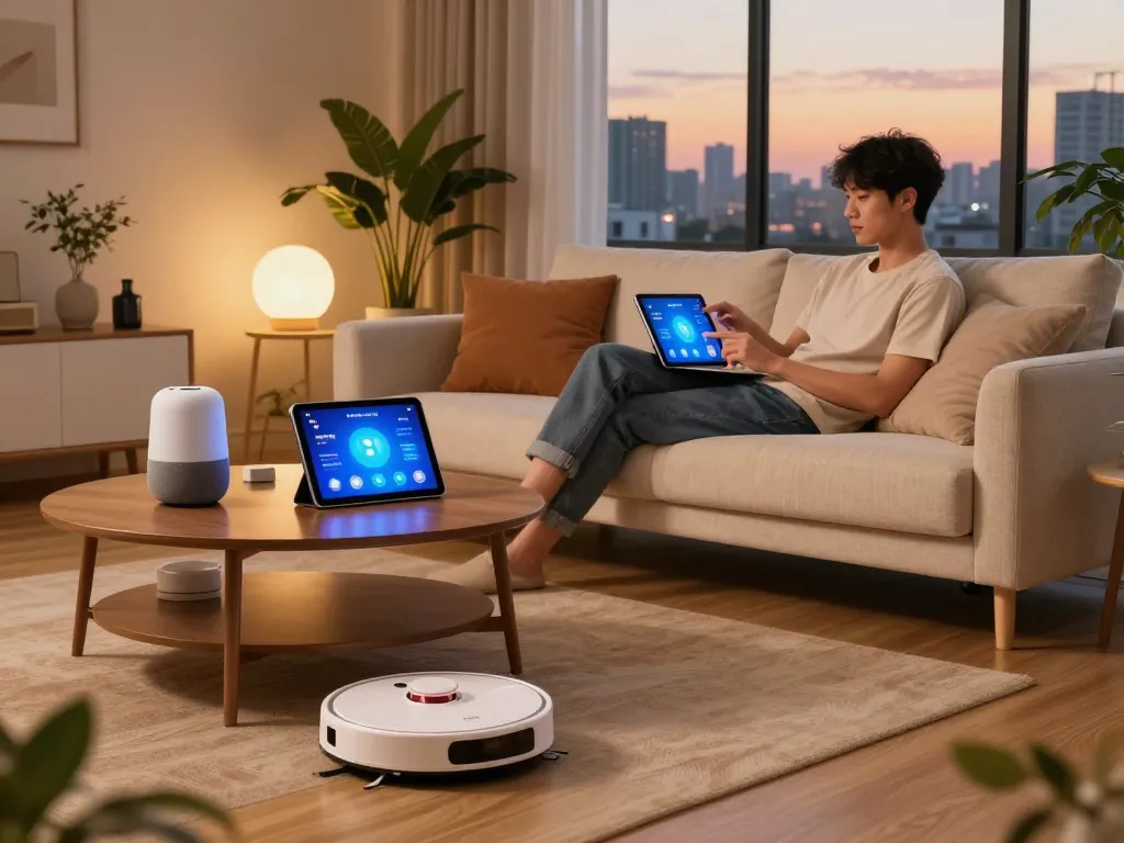 Explore tech gadgets for home in a modern living room featuring smart devices and relaxing ambiance.