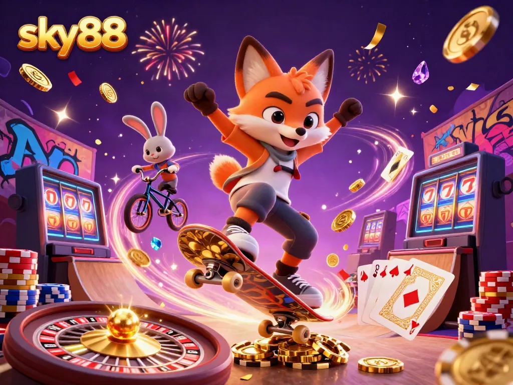 Experience the exciting world of sky88 with animated characters celebrating amidst casino symbols and games.